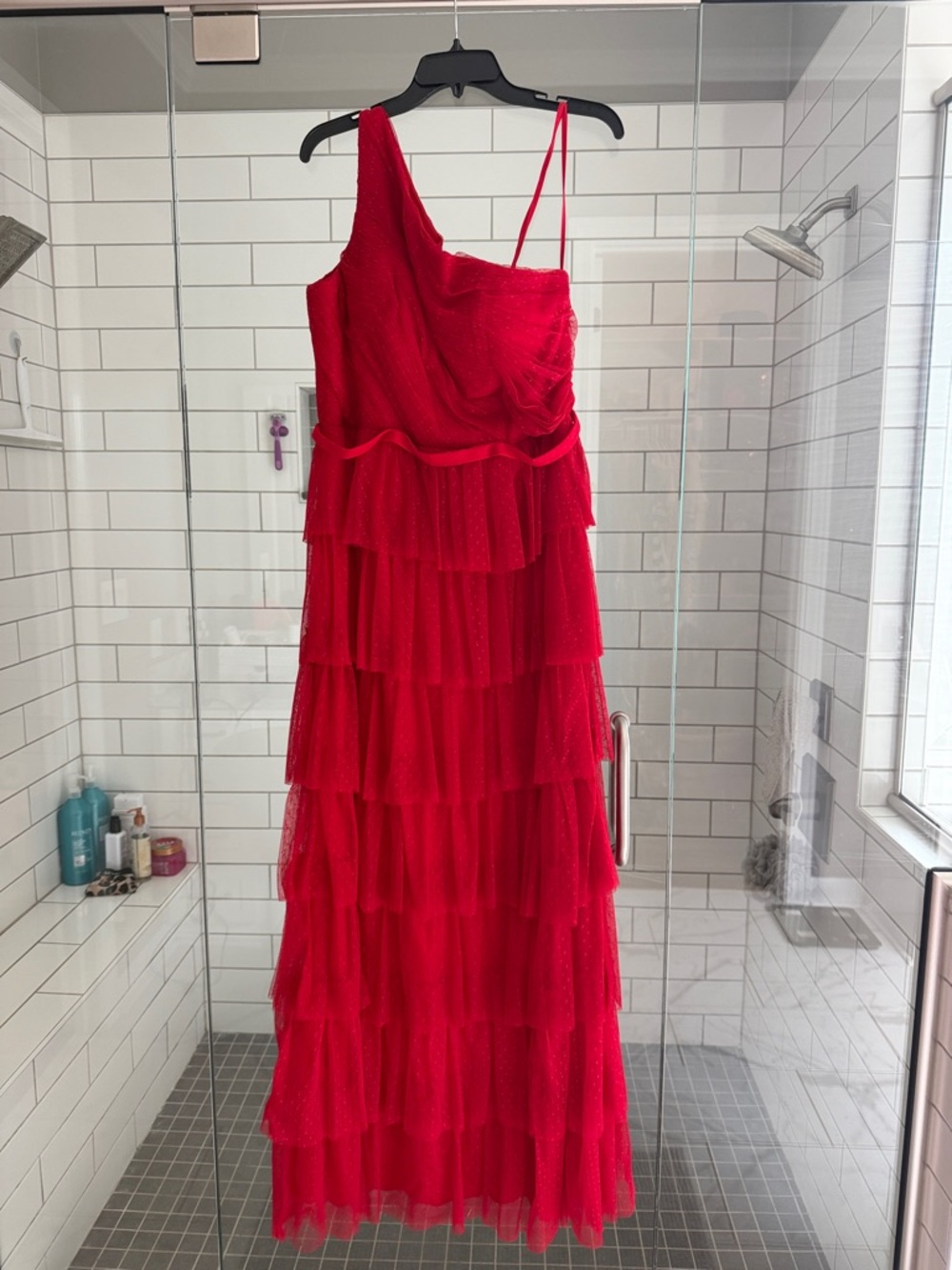 Mac Duggal Vibrant Red One-Shoulder Tiered Tulle Gown